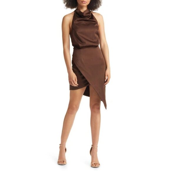 Elliatt Camo Asymmetric Chocolate Satin Cocktail Dress Size Large 41315 - Picture 3 of 14